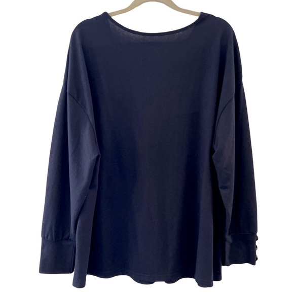 Women’s Plus Size Navy Blue V-Neck Button Long Sleeve Top - Picture 6 of 8